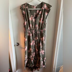 Lucky Brand Olive and Pink Floral Midi Dress